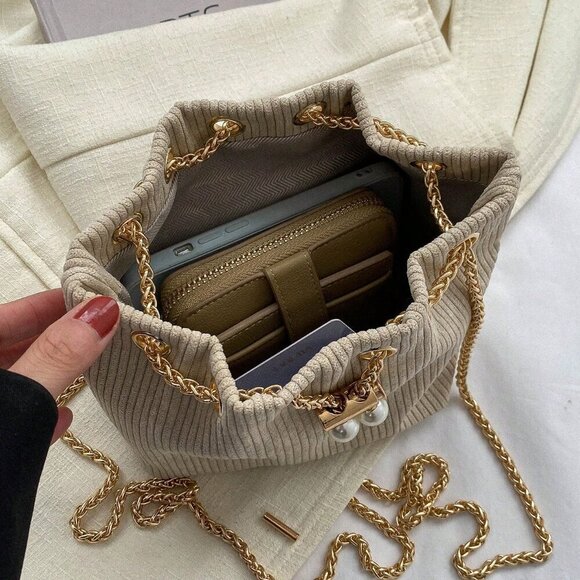 Khaki Fashionable Women's Chain & Faux Pearl Decor Bucket Bag Polyester - Picture 5 of 6